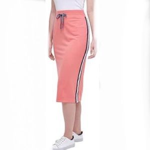 Tommy Hilfiger MIDI Waist Tie Skirt in Coral Orange with Side Stripe Detail